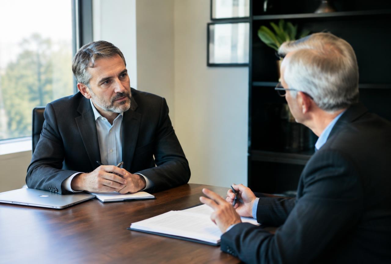 Business owner and acquisition advisor discussing transaction terms at a professional office desk.