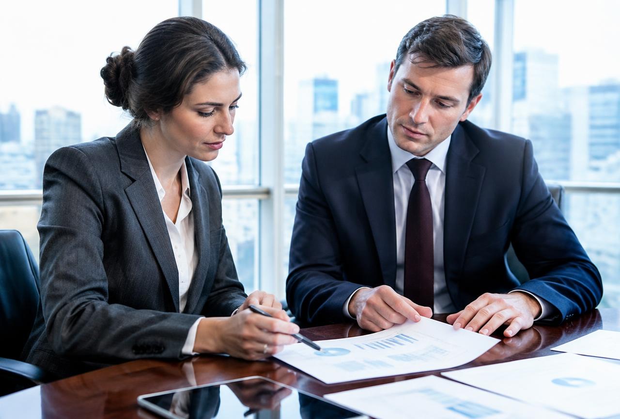 Business acquisition professionals reviewing financial documents at a conference table.