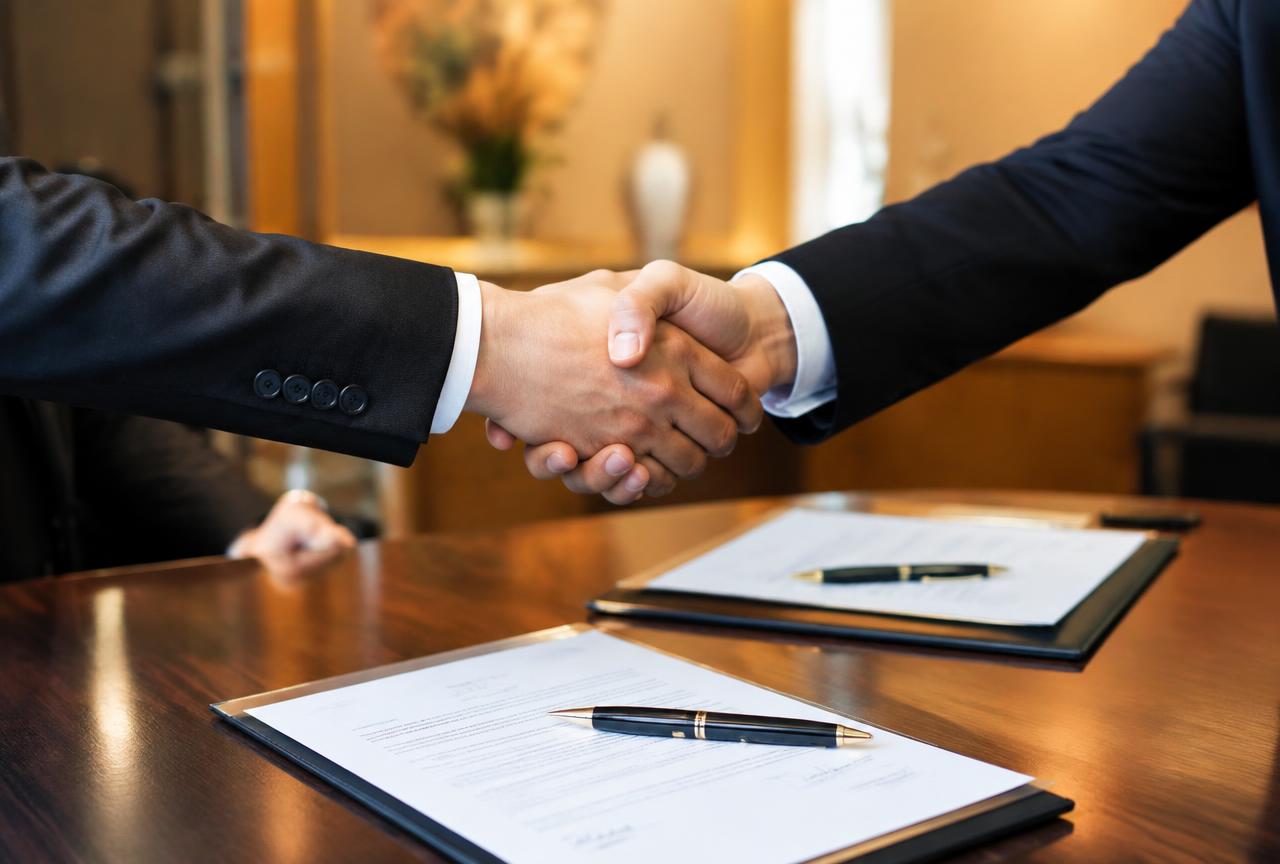 Professional handshake at a business acquisition closing meeting.