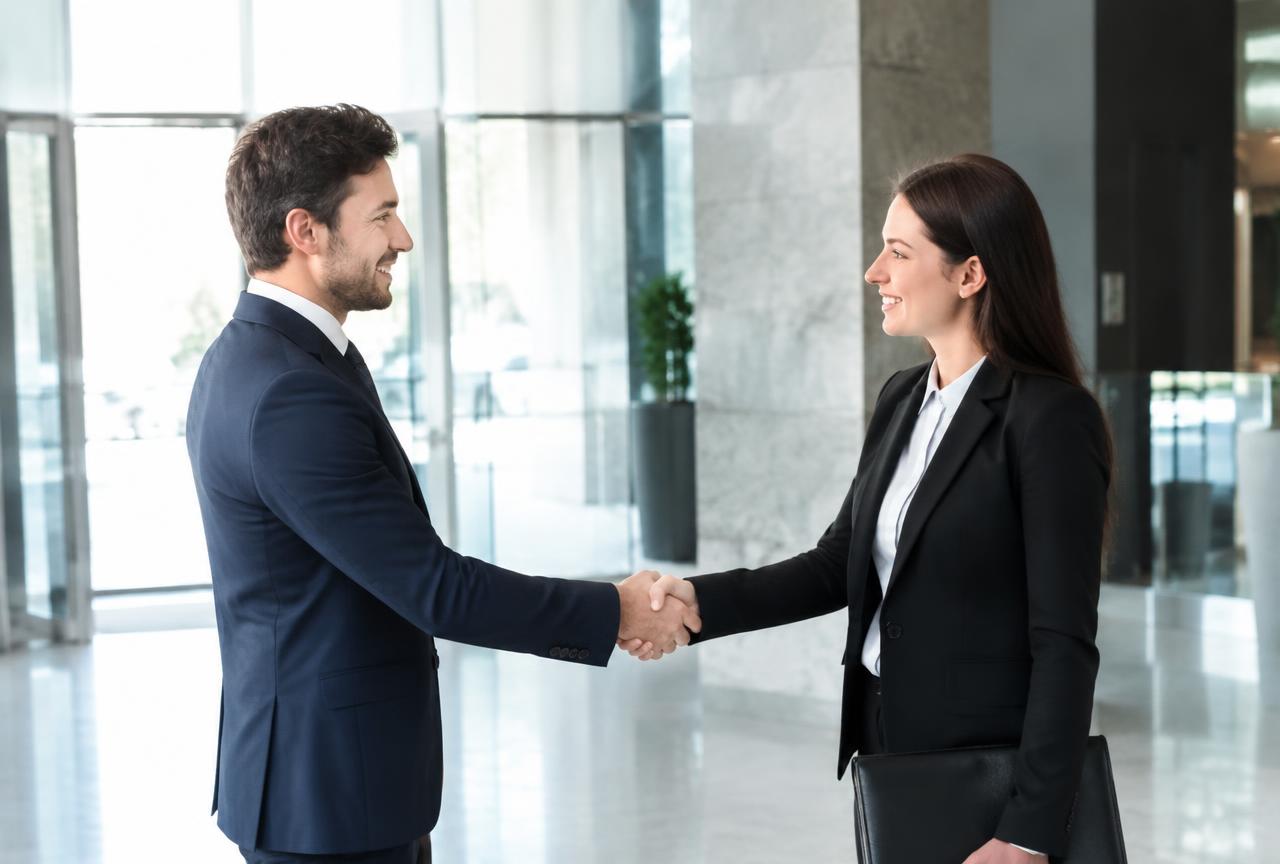 Two professionals completing a business acquisition agreement with a handshake in a modern office lobby.