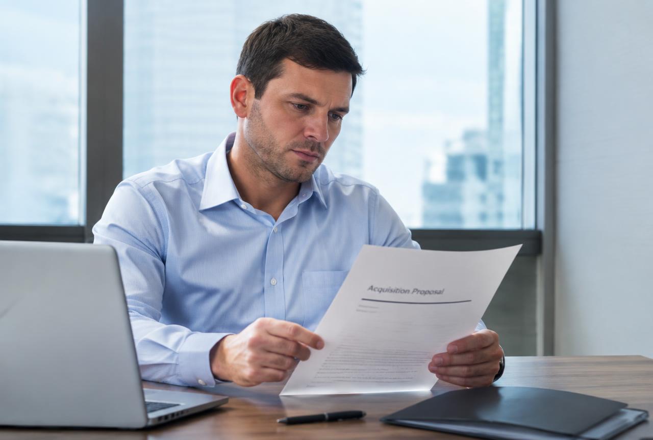 Business owner reviewing an acquisition proposal document in a professional office setting.