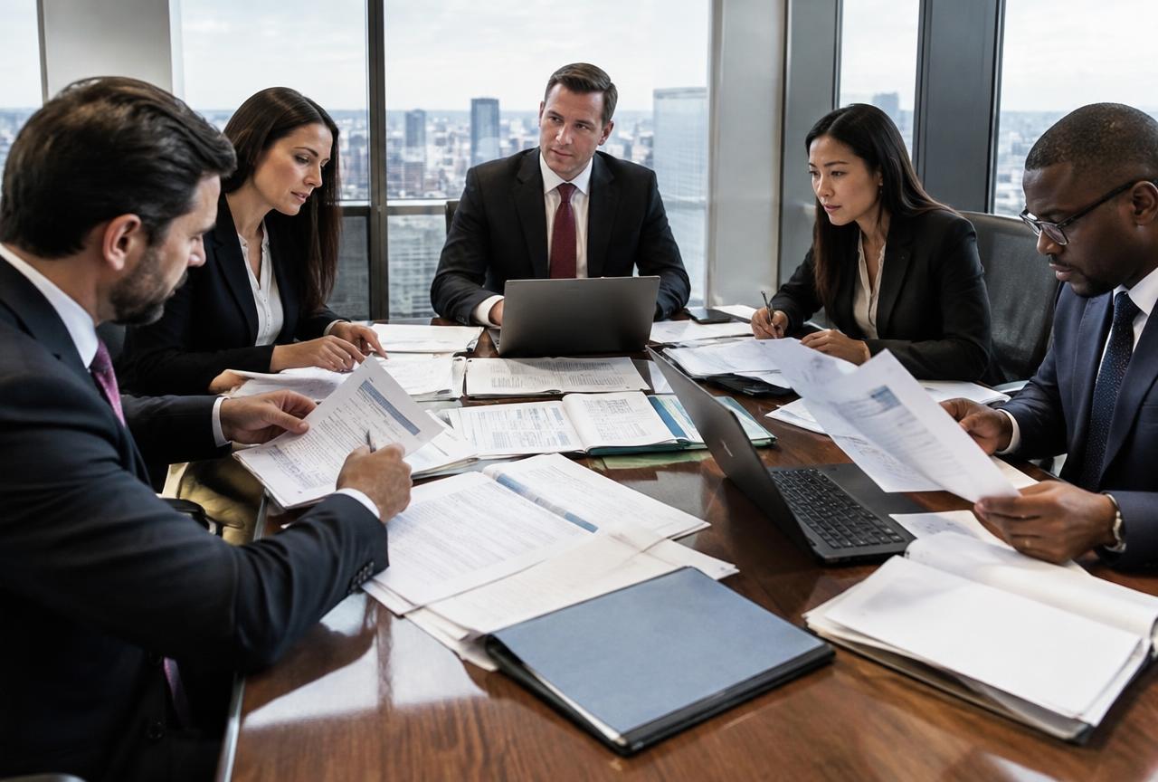 Acquisition professionals conducting due diligence review with financial reports and legal documents.
