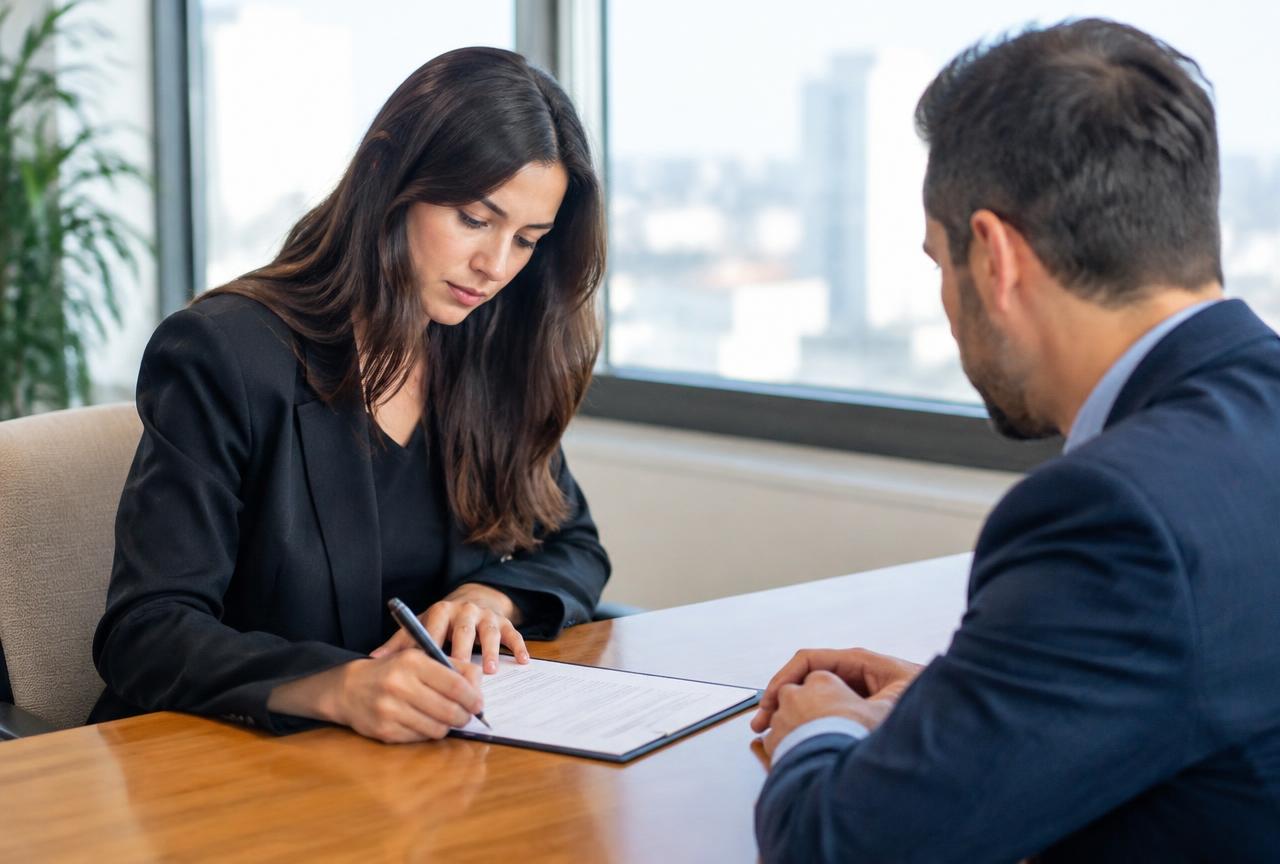 Business owner signing a management buyout agreement with an acquisition advisor at a professional desk.