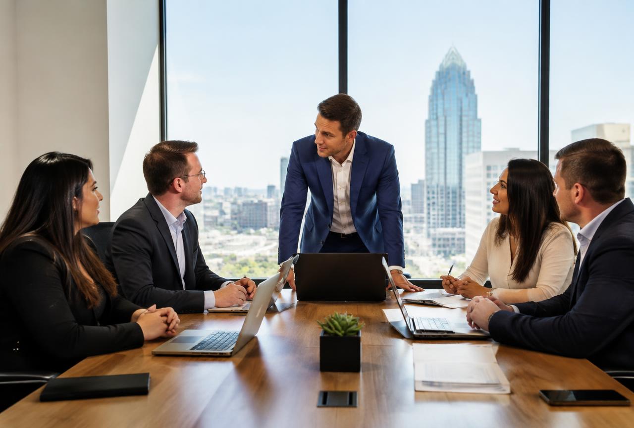 Management team meeting in a modern Texas office to discuss a business buyout and ownership transition.