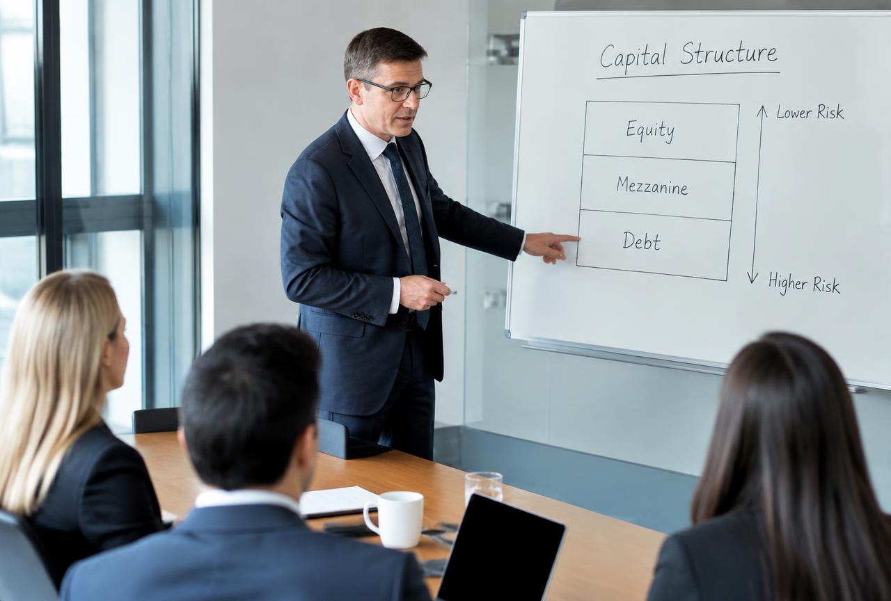 Financial advisor presenting a capital structure plan to business professionals during a management buyout planning session.